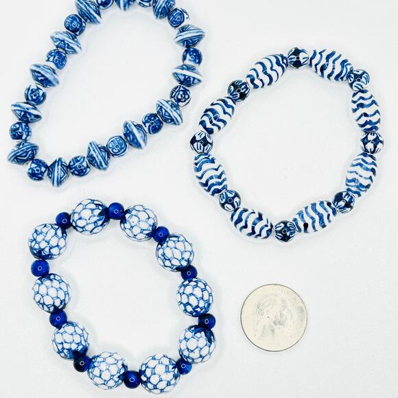 Vintage Chinese Blue White Porcelain Ceramic Beaded Stretch Bracelet Lot - Picture 5 of 5